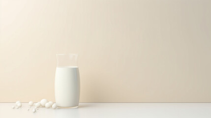 A bottle of milk and a glass of milk on a white table on a cream background with copy space