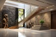 A contemporary staircase with sleek design and natural stone accents