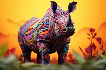 Canvas Print -  a colorful rhino statue standing in front of a yellow background.  generative ai