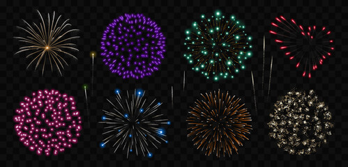 Wall Mural - Fireworks set. Collection of realistic colorful fireworks