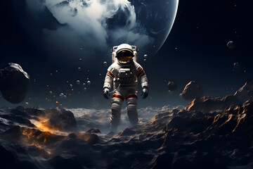 Wall Mural - astronaut stands on the surface of the unknown planet with a breathtaking landscape. big beautiful p