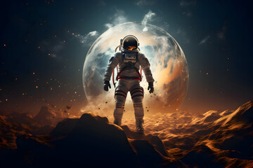 Wall Mural - astronaut on the surface of the moon. big beautiful planet in the background. space and universe exp