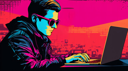 profile of a hacker with laptop pop art illustration