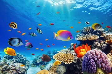 Wall Mural - Underwater world with corals and tropical fish.