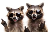 Fototapeta  - Two cool raccoons showing their approval with thumbs up and stylish sunglasses