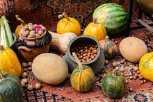 Autumnal Harvest On Patterned Carpet.
