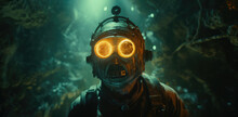 A Mysterious Diver, With Illuminated Orange Goggles, Emerges From The Depths Of An Aquatic Cavern. Glowing Particles Surround In A Surreal Underwater Ambiance. Generative AI.