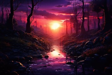 Wall Mural - A vibrant landscape of a sun setting over a dense woodland