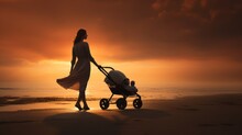 Young Mother With A Baby Stroller On A Walk Ai Generated