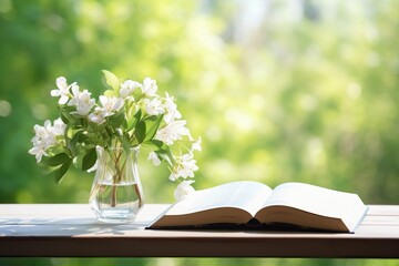 Jasmine flowers in a vase and open book on the table, green natural background.