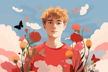 Generative AI Image Of A Young Man Amidst Flowers And Butterflie