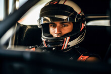 Portrait of driver in cockpit with reflective helmet visor