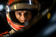 Intense gaze of race car driver in helmet