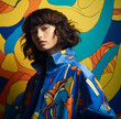 © ADDICTIVE STOCK - Elegant young woman with wavy brown hair poses against a vibrant multicolored abstract background, exuding modern fashion and artistic charm. Generative AI.