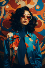 Fashionable Asian Woman With Voluminous Dark Curls Stands Against A Psychedelic Backdrop Of Red And Blue Patterns, Donning Oversized Round Sunglasses And A Floral Blue Jacket. Generative AI.