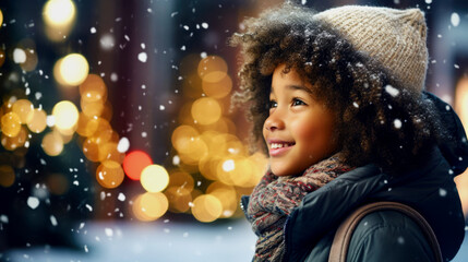 Wall Mural - African American little girl walks the streets in anticipation of the New Year holiday. Ai generated