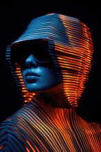 An Enigmatic Figure, Bathed In Alternating Hues Of Blue And Orange, Wears Sleek Sunglasses That Add To Their Mystique. The Ridged Patterns Create A Sense Of Rhythm.  Generative AI.