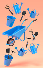 Wall Mural - Garden wheelbarrow with garden tools like shovel, rake and fork on orange