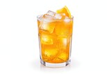 Fototapeta  - A glass of orange soda water with ice cubes on white background.