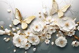 Fototapeta  - Goden butterflies with white flowers.