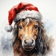 Beautiful Christmas card with a brown horse in a Santa hat, watercolor style