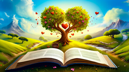 Sticker - Open book with tree in the middle of it and hearts flying out of it.