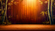 Bamboo room with bamboo walls and bamboo flooring with bamboo leaves on the floor.