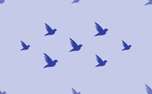 Seamless Pattern Of Large Isolated Blue Bird Symbols. The Pattern Is Divided By A Line Of Elements Of Lighter Tones. Vector Illustration On Light Blue Background