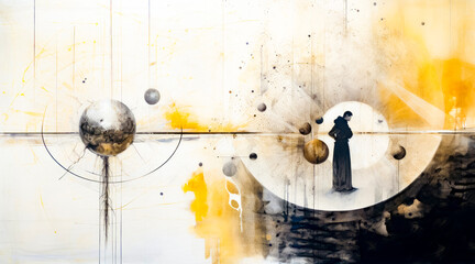 Canvas Print - Painting of woman standing in front of abstract background with circles and balls.