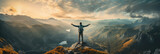 Fototapeta Fototapety góry  - Traveler standing on top of a mountain with hands raised up , mission success and goal achieved, active tourism and mountain travel