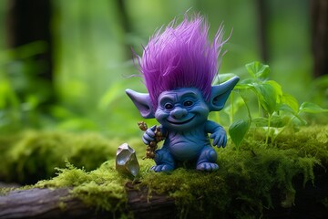 Wall Mural - Tale troll with crystals in the forest, natural green background.