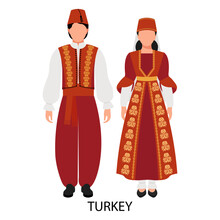 A Man And A Woman In Turkish Folk Costumes. Culture And Traditions Of Turkey. Illustration, Vector