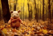 Warmth And Nostalgia Embodied In A Cuddly Toy Amidst A Colorful Autumn Woodland. Generative AI