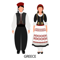 Wall Mural - A man and a woman in Greek folk costumes. Culture and traditions of Greece. Illustration, vector