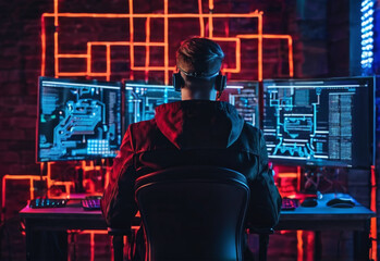 a man in a neon light sits in front of several data monitors