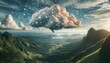 In a tranquil landscape, a unique cloud formation takes the shape of a brain, overlaid with intricate digital connections, portraying the beautiful amalgamation of the natural world and tech.