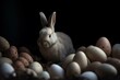 A small bunny amidst an unconventional environment of eggs with gentle, muted lighting. Generative AI