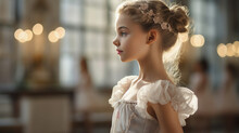 Little Graceful Girl Ballerina In A Tutu Practices At A Ballet School, Dancer, Child, Kid, Studio, Dress, Dance, Rehearsal, Theater, Beautiful, Bun Hairstyle, Delicate Outfit, Pink, Portrait, Face