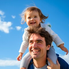 A little daughter riding on her father's neck on a clear sky day.