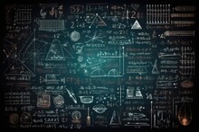 Chalkboard Inscribed With Scientific Formulas And Calculations In Physics And Mathematics.