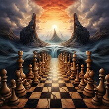 View Of Dramatic And Surreal Chess Pieces With Dark Colors