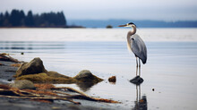 Heron Poised At The Water's Edge, Ready To Catch Its Prey, Desktop Background, Landscape Background, Aspect-ratio 16:9