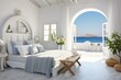 Whitewashed Greek bedroom with ocean scape. Generative AI