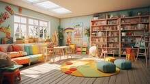 A Playful Children's Daycare With Educational Toys, Colorful Decor, And A Reading Corner.