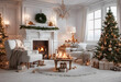 Christmas decoration and new year tree in a house with fireplace. AI generated.