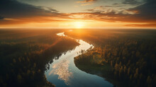 Aerial View Of Sundown Over A River, Vibrant Reflection On Water, Meandering Through A Forest