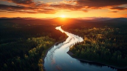 Canvas Print - aerial view of sundown over a river, vibrant reflection on water, meandering through a forest