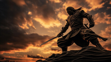 Wall Mural - bronze statue of a samurai, poised for battle, set against a dramatic stormy sky, sunset lighting casting long shadows