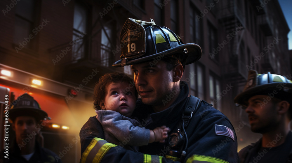 Firefighters rescuing a child from a burning building, intense emotion ...