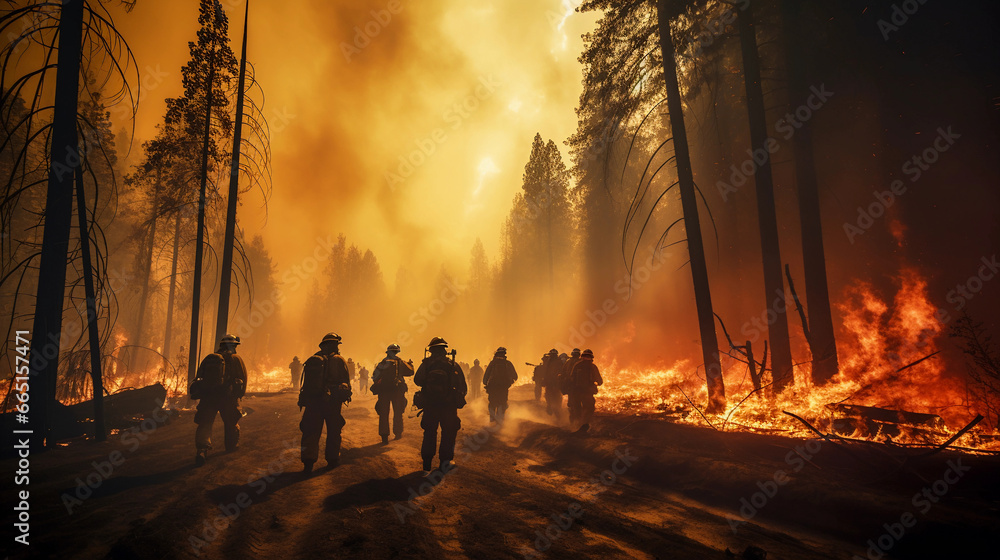 Firefighters in action, battling a large forest fire, flames and smoke ...